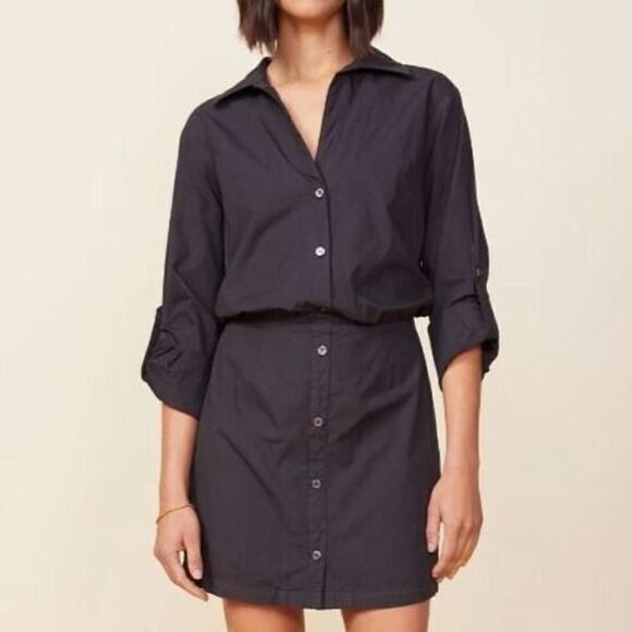 Monrow HD0511 Women Sz M Faded Black Poplin Button-Up Collared Shirt Dress - Picture 1 of 13